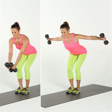 Lower dumbbells outward to sides of shoulders. Keep elbows fixed in slightly bent position. When a stretch is felt in chest or shoulders, bring dumbbells back ...
